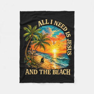 Need Is Jesus And The Beach Retro Christian Summer Fleece Blanket
