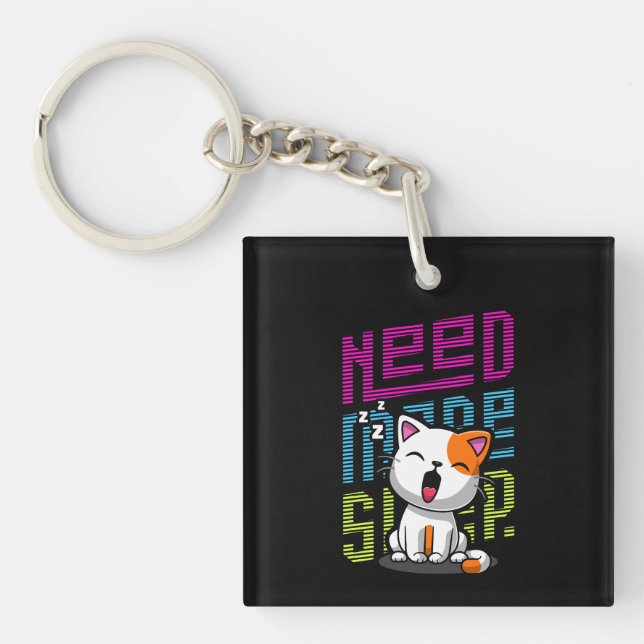 Need more Sleep | Funny Cat cute yawn expression Key Ring (Front)