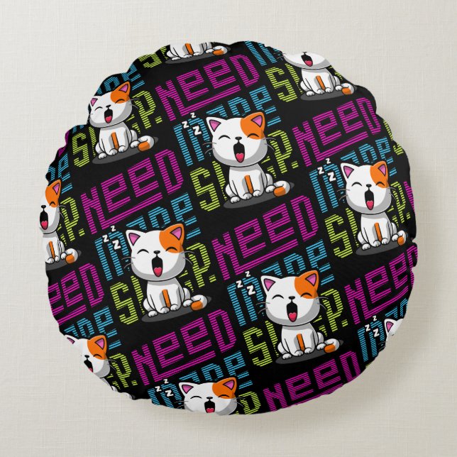 Need more Sleep | Funny Cat cute yawn expression Round Cushion (Front)