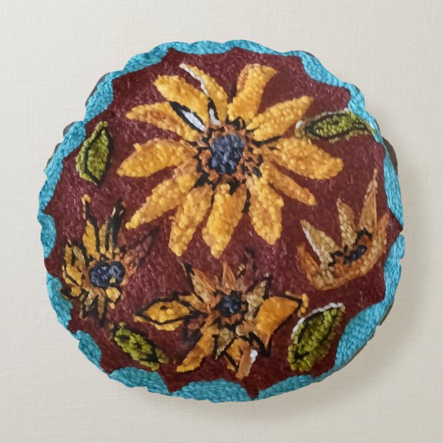 Needle Punch Shabby Chic sunflowers round pillow (Front)