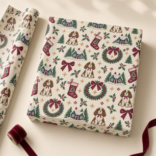 Needlepoint Christmas Dogs Burgundy Bows Wrapping Paper
