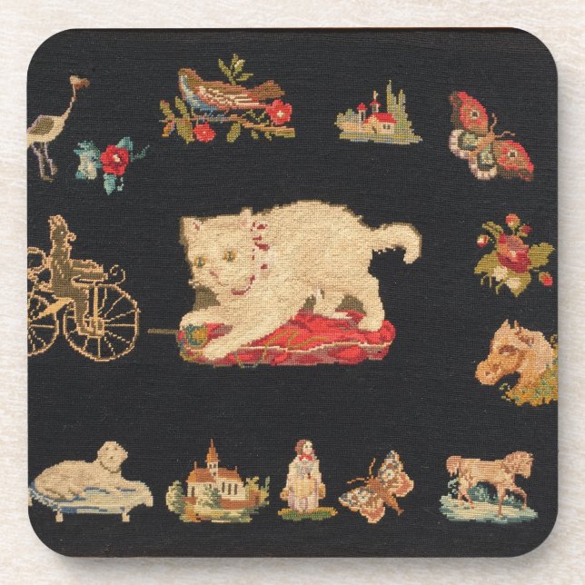 Needlepoint Kitty Cat Glossy Coaster (Front)