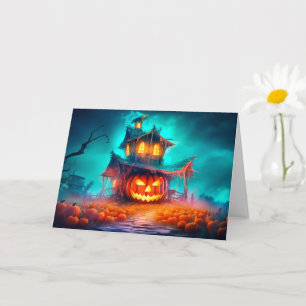 Nefarious Glowing Pumpkin & Haunted House Card