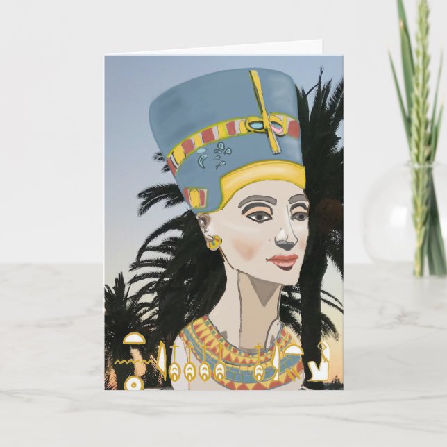 Nefertiti Colourful Portrait and Palm Trees  Card (Front)