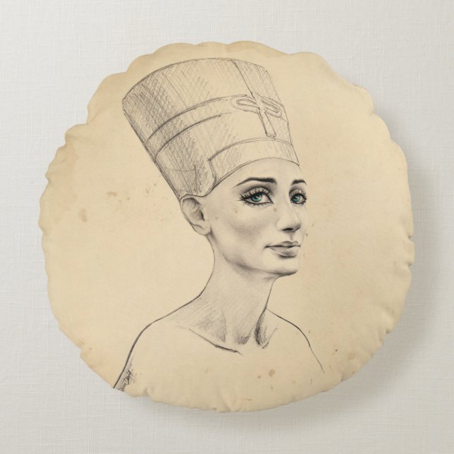 Nefertiti portrait drawing Ancient Egypt papyrus Round Cushion (Front)