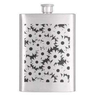 Negative Space Daisies white on black Hip Flask