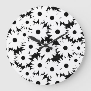 Negative Space Daisies white on black Large Clock