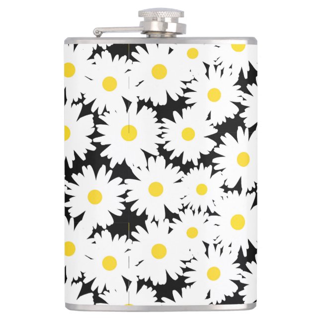 Negative Space Daisies white yellow on black Hip Flask (Front)