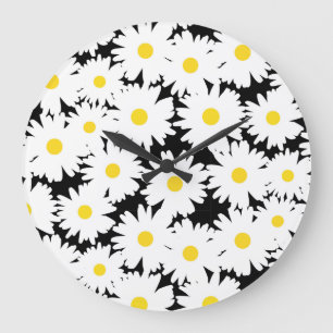 Negative Space Daisies white yellow on black Large Clock