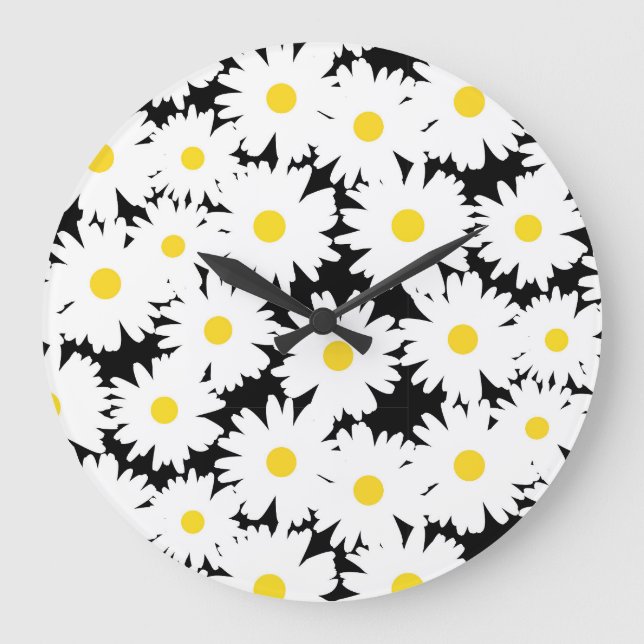 Negative Space Daisies white yellow on black Large Clock (Front)