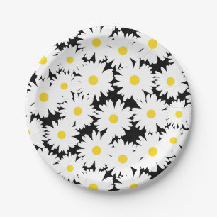 Negative Space Daisies white yellow on black Paper Plate