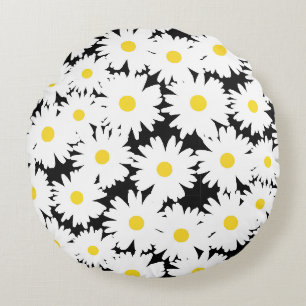 Negative Space Daisies white yellow on black Round Cushion
