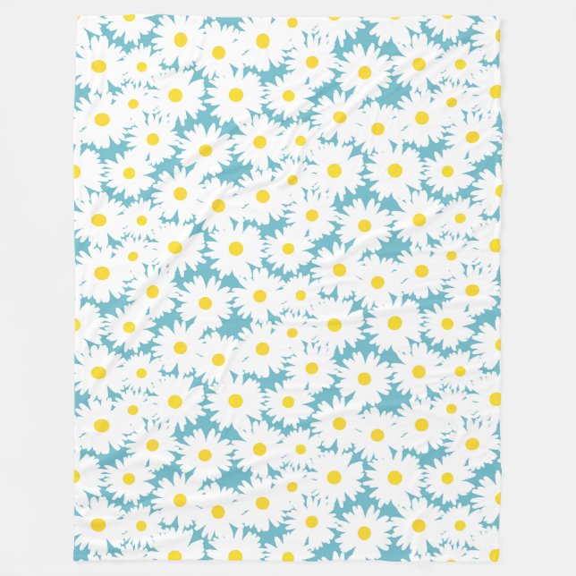 Negative Space Daisies white yellow on blue Fleece Blanket (Front)