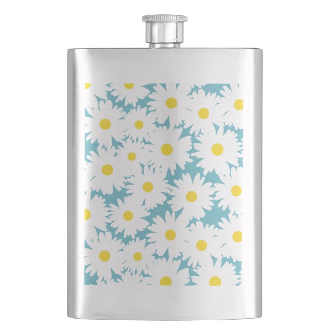 Negative Space Daisies white yellow on blue Hip Flask (Front)