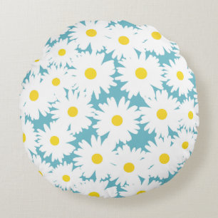 Negative Space Daisies white yellow on blue Round Cushion