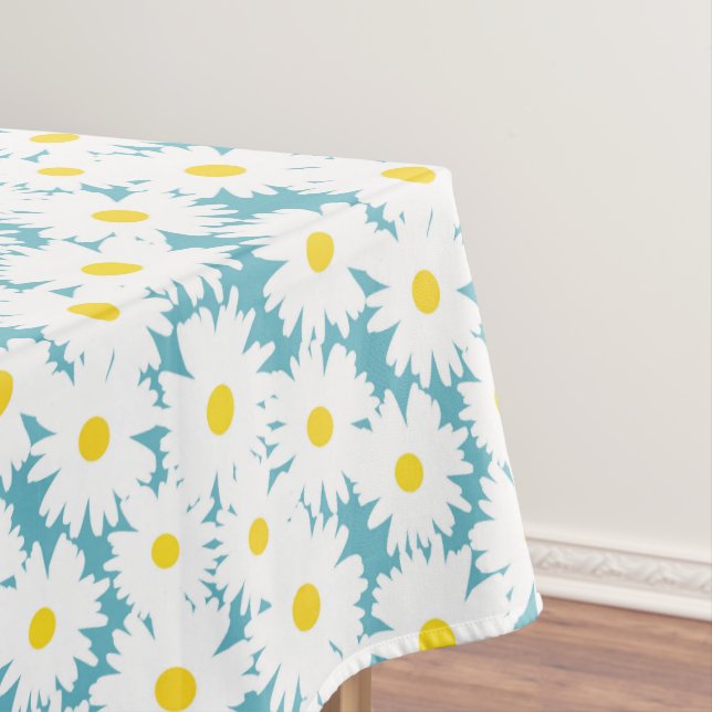 Negative Space Daisies white yellow on blue Tablecloth (In Situ)