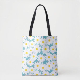 Negative Space Daisies white yellow on blue Tote Bag