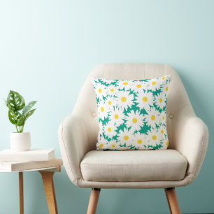 Negative Space Daisies white yellow on green Cushion