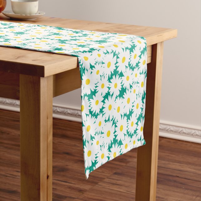 Negative Space Daisies white yellow on green Short Table Runner (In Situ)