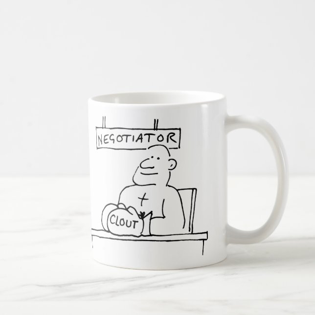 Negotiator at Desk has Boxing Glove with Clout Coffee Mug (Right)