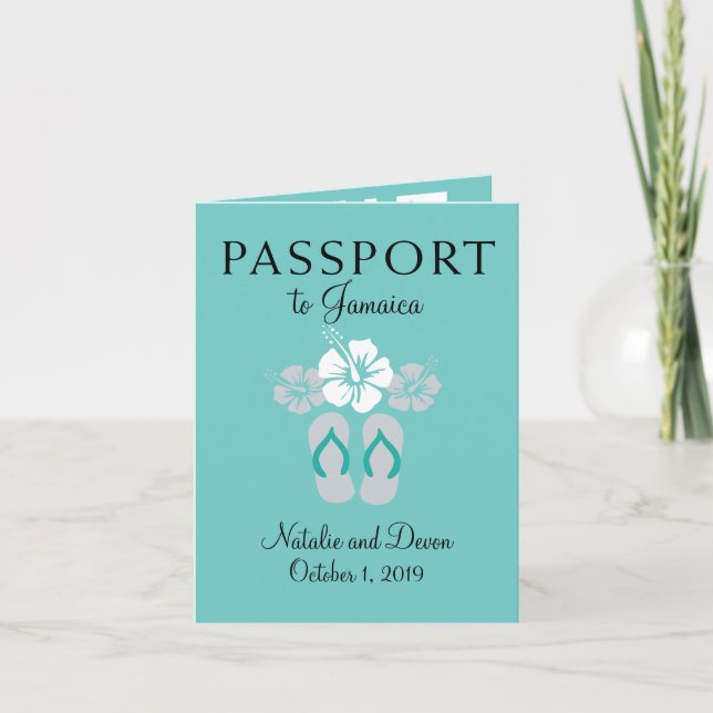 Negril Jamaica Teal and Grey Wedding Passport Invitation (Front)