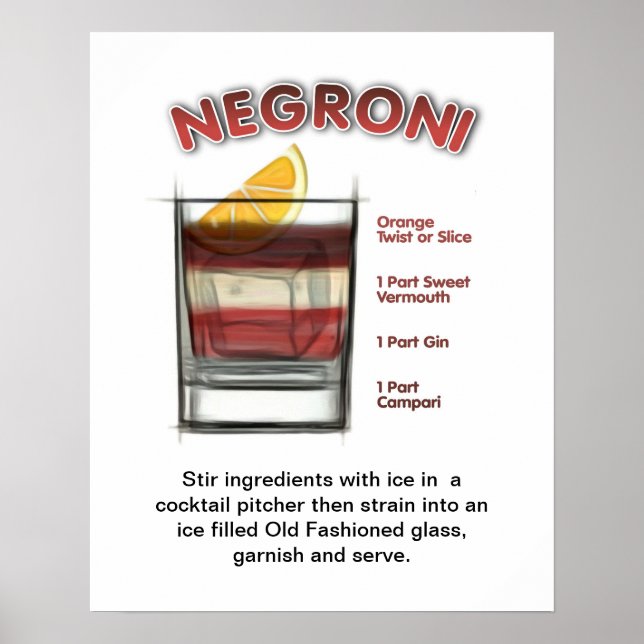 NEGRONI 16" x 20" Cocktail Recipe Art Poster (Front)