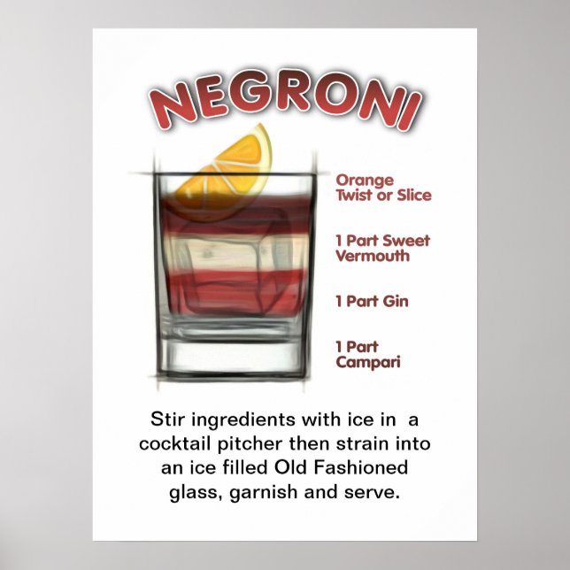 NEGRONI 18" x 24" Cocktail Recipe Art Poster (Front)