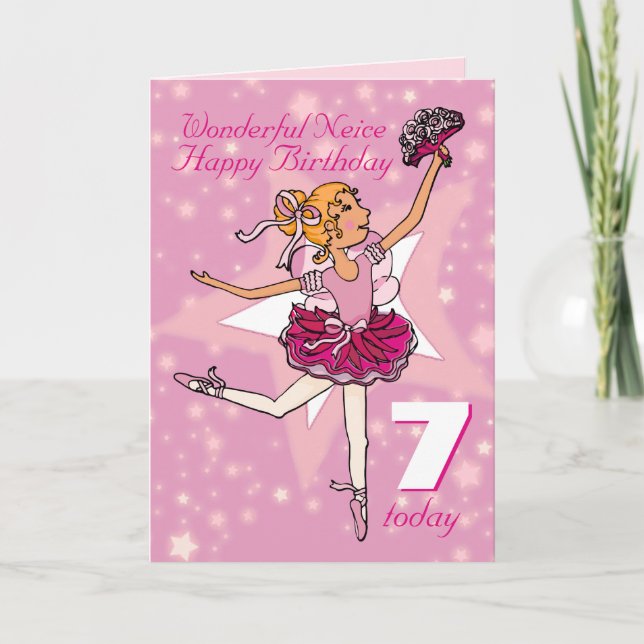Neice ballerina birthday pink purple age 7 card (Front)