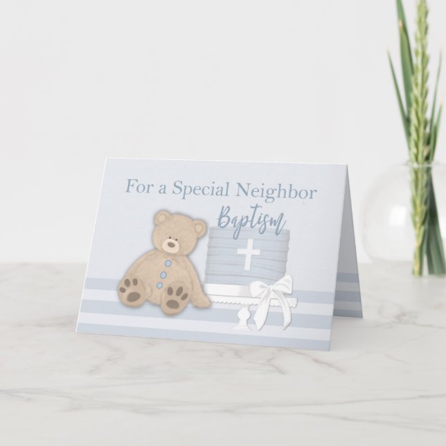 Neighbor Blue Baptism Cake Teddy Bear Card (Front)
