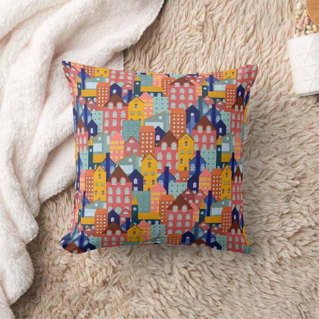 Neighborhood Block City Houses Pattern Cushion (Blanket)