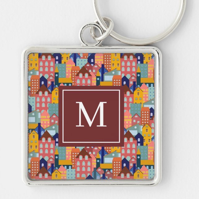 Neighborhood Block City Houses Pattern Key Ring (Front)