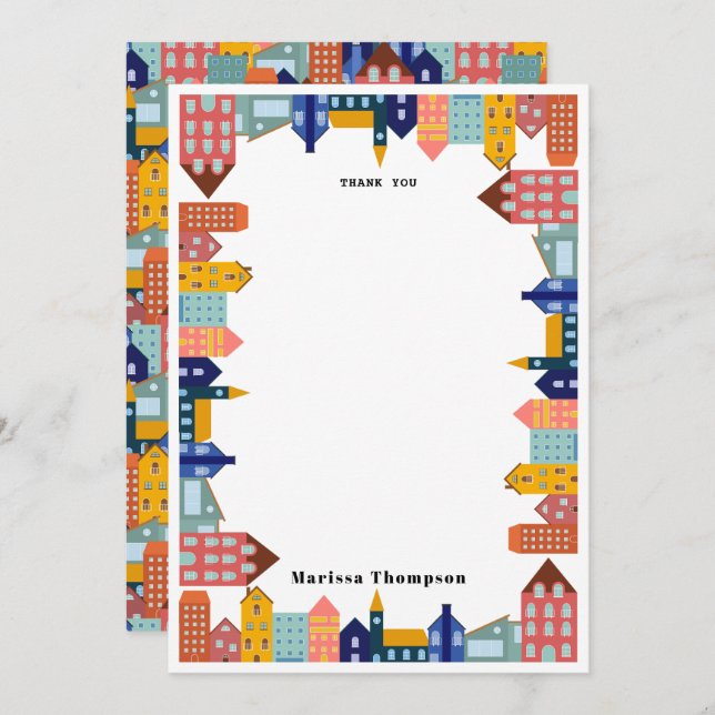 Neighborhood Block City Houses Pattern Thank You Card (Front/Back)