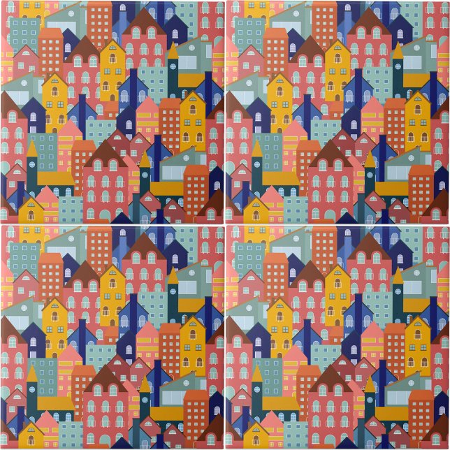 Neighborhood Block City Houses Pattern Tile (Neighborhood Block City Houses Pattern Ceramic Tile)
