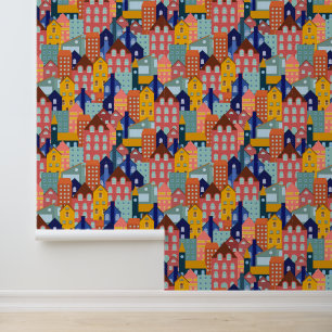 Neighborhood Block City Houses Pattern Wallpaper