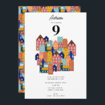 Neighborhood Block Party Kids Birthday Invitation<br><div class="desc">A hand drawn illustration of neighborhood block city houses. A modern abstract pattern featuring homes,  buildings and architecture. An ideal design for anyone who loves the city,  buildings,  architecture,  neighborhood house art. This neighborhood themed design is ideal for neighborhood block parties,  real estate agents and modern home decor.</div>