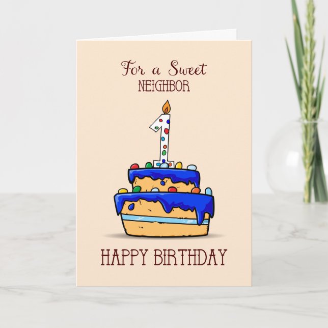 Neighbour 1st Birthday, 1 on Sweet Blue Cake Card (Front)