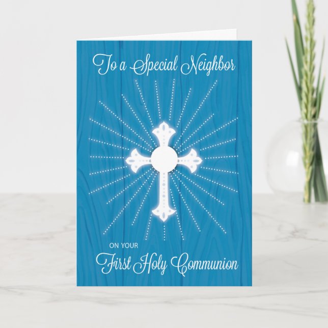 Neighbour First Communion Cross and Rays on Blue Card (Front)