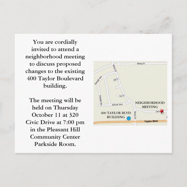 Neighbourhood Meeting Invitation Postcard (Front)