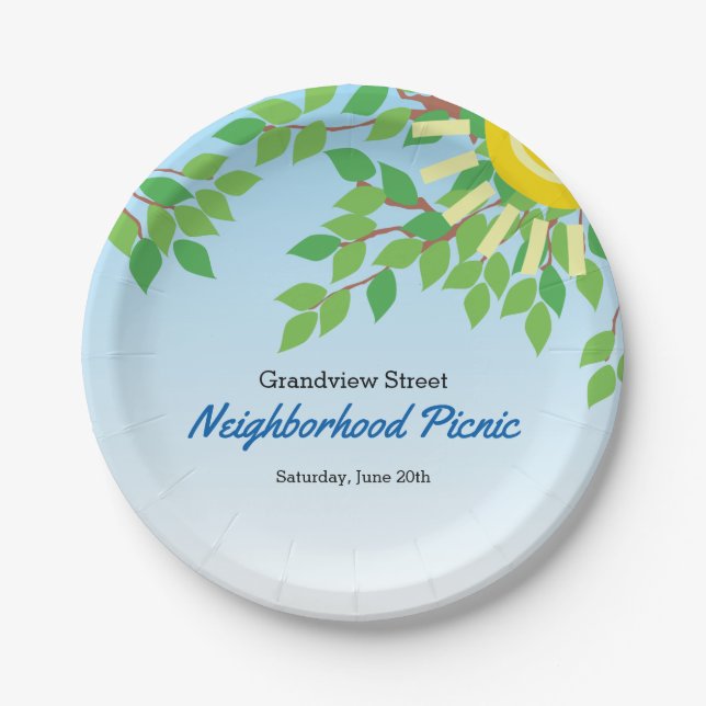 Neighbourhood Picnic Green Leaves and Sun Paper Plate (Front)