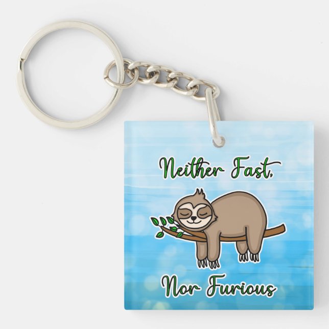 Neither Fast nor Furious Lazy Sloth on Tree Branch Key Ring (Front)