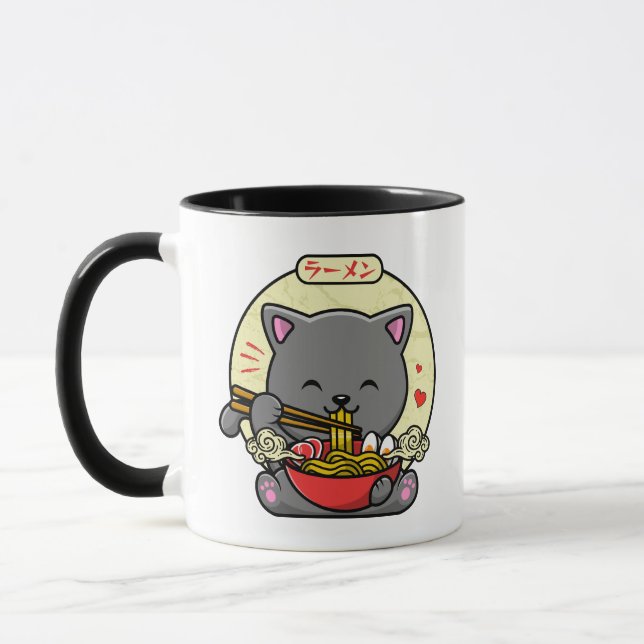 Neko Cat Eating Ramen Cute Kawaii Noodle Mug (Left)