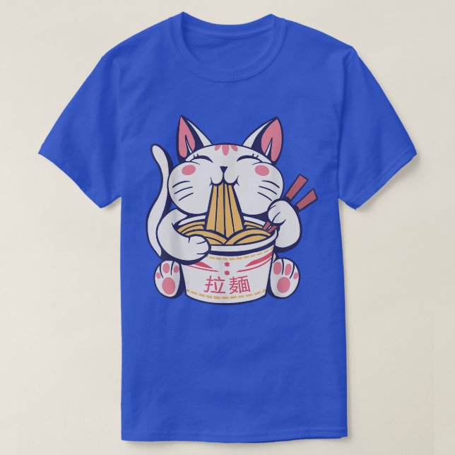 Neko Cat Eating Ramen With Chopsticks  T-Shirt (Design Front)