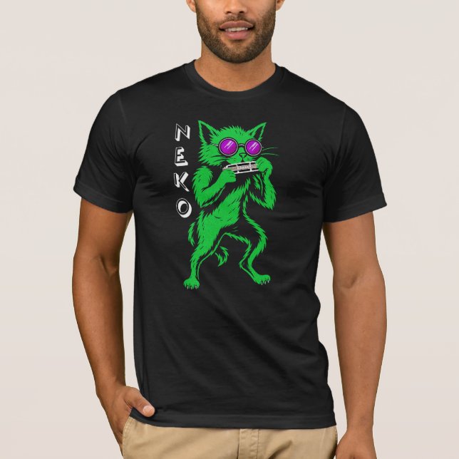 Neko Harmonica Blues Cat T-Shirt  (Front)