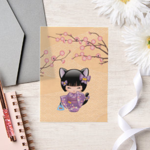 Neko Kokeshi Cat Ears Geisha Girl Yellow Insert Vellum Invitations