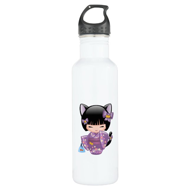 Neko Kokeshi Doll - Cat Ears Geisha Girl 710 Ml Water Bottle (Front)