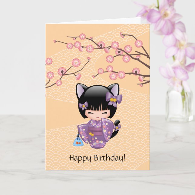 Neko Kokeshi Doll - Cat Ears Geisha Girl Birthday Card (Orchid)