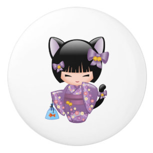 Neko Kokeshi Doll - Cat Ears Geisha Girl Ceramic Knob