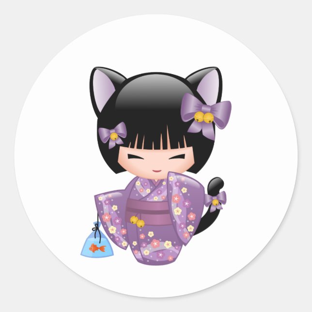Neko Kokeshi Doll - Cat Ears Geisha Girl Classic Round Sticker (Front)