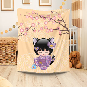 Neko Kokeshi Doll - Cat Ears Geisha Girl Fleece Blanket