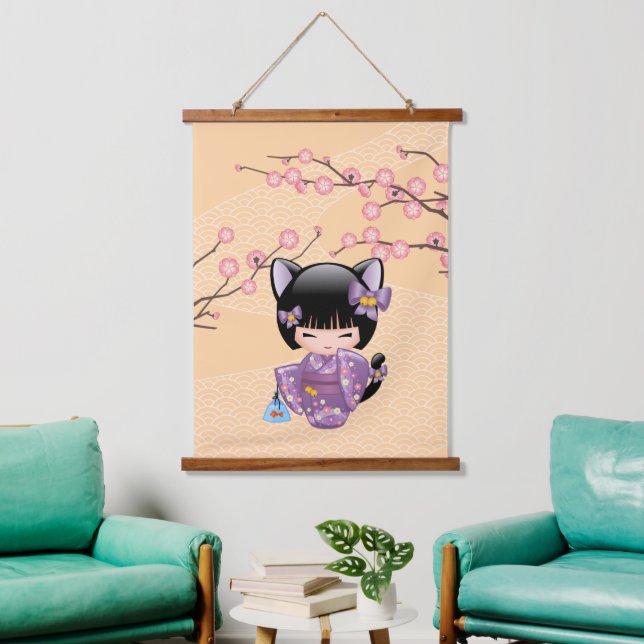 Neko Kokeshi Doll - Cat Ears Geisha Girl Hanging Tapestry (Living Room)